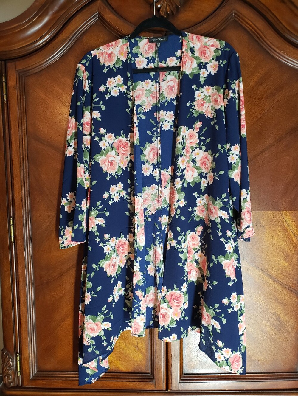 Slinky Brand Navy Floral Open Front Kimono Cardigan 3/4 Sleeves with Pink Roses